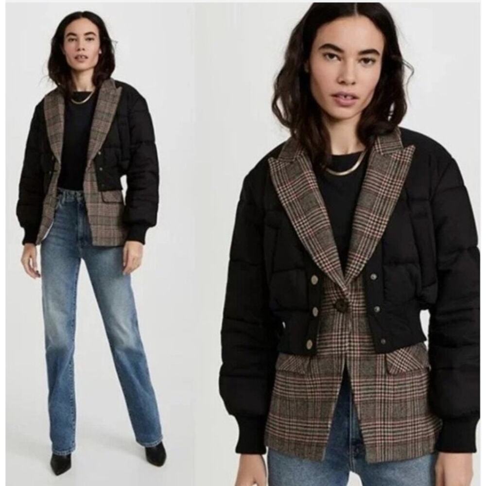 Nwt Veronica Beard Larkin Puffer Mixed Media Plaid Jacket In Black